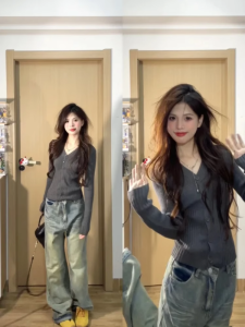 Gray Soft Long Sleeve V-Neck Knitted Open Cardigan Womens Fashionable Slimming Beautiful Outerwear Spring 2025 Commute Style