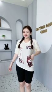 Set Đồ Bộ Nữ Thun TĂM LẠNH Quần Ngố + Áo FORM RỘNG In LaBuBu Kem-Đen (Bigsize 45-75kg) Thời Trang