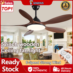 GOGEOUS NEW 56inch ceiling fan with light modern ceiling fan 5 blades big ceiling fan heavy duty ceilings fan 3 colors dimming 6 gear wind ceiling fan with led light wooden design ceiling fans for living room dining room bedroom garage