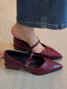 Cowhide Version ~ Genuine Leather Pointed French Style Flats Womens Soft Bottom Wine Red with Skirt Word with Chunky Heel Mary Jane Shoes