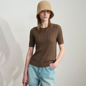 AMII | Casual Round Neck Twisted Pattern Hand-Set Rhinestones Short Sleeve Loose Sweater