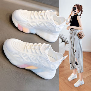 Womens Dad Shoes with Hidden Height Increase Soft Bottom Sports White Shoes Summer New Style Genuine Leather Versatile Thick Heel
