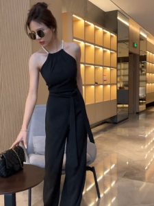 ชุดเดรสแขนกุดคอวีทรงหลวมสไตล์เกาหลีสำหรับผู้หญิงในฤดูร้อน ชุดเดรสและกางเกงขายาวเอวสูงแบบสวมหัว ชุดสองชิ้น