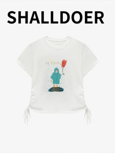 Shalldoer | Korean Fashion Short Sleeve T-Shirt Womens Summer Design Cartoon Print Drawstring Waist Slimming Top Casual Loose Fit U-Neck