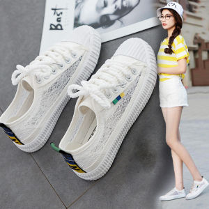 Breathable Mesh Canvas Shoes Women's Spring New Style Round Toe Low Top Rubber Sole Korean Style Cross Lacing Hollow Out Design