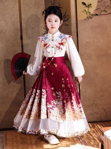 New 2025 Chinese Style Girls Cheongsam Set Traditional Ming Dynasty Horse Tailed Skirt Childrens Hanfu Summer Collection