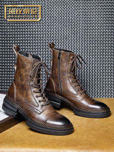 High-End Retro British Leather Martin Boots Mens Mid-High Top Motorcycle Boots Trendy Spring Autumn New Style Wear-Resistant Zip Closure