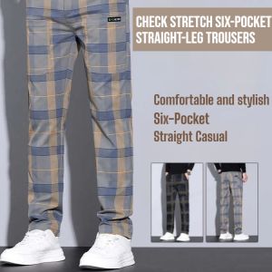 Check Stretch Six-Pocket Straight-Leg Trousers Classic Mid-Rise Straight Casual Pants Multifunctional Pocket Design