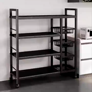 รถเข็นครัวเหล็ก ตู้เก็บของล้อเลื่อน ตะกร้าเอาออกได้ ชั้นปรับระดับ วางไมโครเวฟได้ แข็งแรงทนทาน