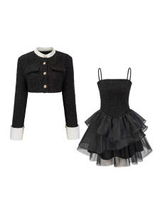 Court Style Suit Dress Two-Piece Set ABG Spicy Girl Little Fragrance Wind Patchwork Mixed Hair Puffy Skirt Womens Clothing