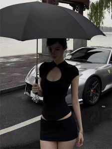 Stylish Chinese Stand Collar Hollow Out Black T-Shirt Summer