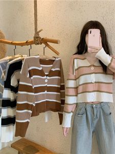 Korean Style Striped Short Sweater Coat Womens Spring And Autumn Gentle Style Knitted Cardigan Top