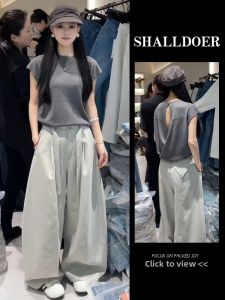 Shalldoer | Summer New Style Set for Plus Size Gray Short Sleeve Top Wide Leg Pants