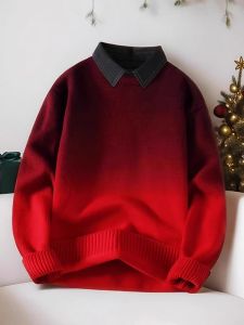 Gradual Red Sweater Mens Style Autumn Winter Lazy High-End Knitted Base Layer with Collar Couple Outerwear Lucky Year
