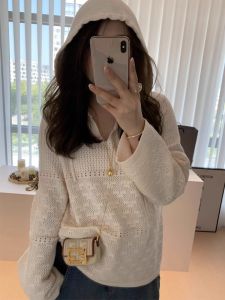 พลัสไซส์ แขนยาวถัก Hollow Out เสื้อฮู้ด ผู้หญิง ฤดูใบไม้ร่วง แฟชั่น อารมณ์ เสื้อท่อนบน ลำลอง สบาย นุ่ม บล็อกสี