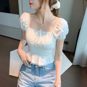 French Style Summer New  Square Collar Short Sleeve Lace Shirt Bubble Sleeve Short Length Waist Cinched Elegant Top