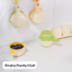 Joyeaze Keranjang Pengering 2 lapis dengan pegangan bentuk gayung cuci buah sayur mangkok Mini Drain Basket