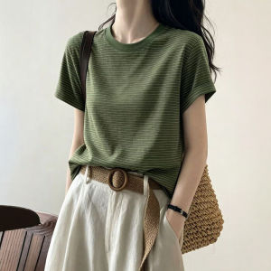 CHOEFULYN | Green Striped Short Sleeve Womens T-Shirt Slim