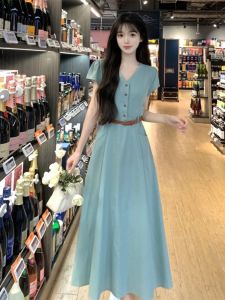 Summer New Arrival French Elegant Elegant V Neck Dress Womens Fancy Mid Length Long Length Waist-Tight Slimming Slim Fit A- line Skirt