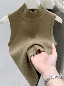 Áo Len Dệt Kim Không Tay Cổ Cao Nửa Cao Cho Nữ Áo Khoác Ngoài Mùa Xuân Thu Áo Sơ Mi Cơ Bản Bên Trong Áo Vest Công Sở Màu Trơn