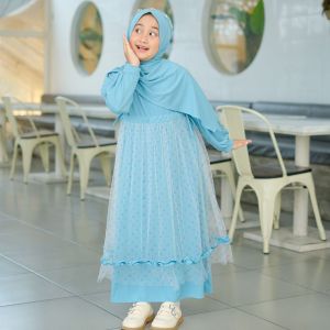Baju Gamis Muslim Anak Perempuan Jersey Premium Kombi Tille Dot Terbaru Kekinian Lebaran Kondangan