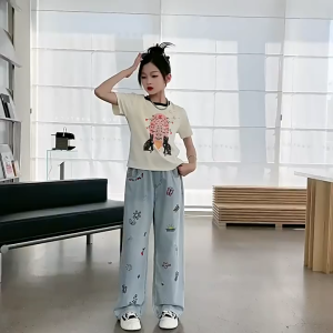 กางเกงเด็ก กางเกงยีนส์เด็กผู้หญิง Korea เด็กผู้หญิง เอวยางยืด ทรงหลวม7-12ปี แฟชั่นฤดูร้อน