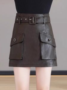 High Waist PU Leather Mini Skirt Womens Spring Autumn 2025 Fashion Slimming Casual A-Line One-Step Wrap Body Short Skirt