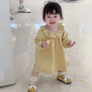 Princess Dress for Girls Autumn Outfit Sweet Bordered Skirt Childrens Clothing Soft Index Medium Daily Wear Pure Color