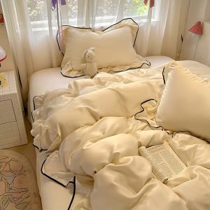 Dansunreve 3/4IN1 Ice Silk Bedsheet Set Summer Cooling Quilt Cover Set 四件套 被套Flat/Fitted Sheet Plain Color Cool Grey White Soft Comfortable Bedding Set High Quailty Single Que