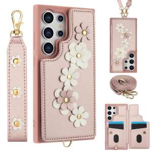 PU Leather Case for Samsung Galaxy S22 S23 S24 Plus Ultra Cover S23 FE Casing Flower Design With Lanyards