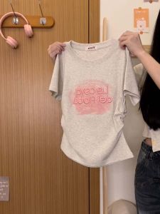 Áo Thun Nữ Tay Ngắn Thêu Chữ Không Hở Eo Phong Cách Ngọt Ngào Mát Mẻ Mùa Hè 2024 Cotton Co Giãn Thoải Mái Thoáng Khí