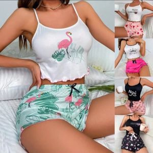 Bộ Đồ Hai Mảnh In Hình Vương Miện Và Chim Hồng Hạc Bằng Lụa Sữa Dành Cho Nữ Mùa Hè Áo Ba Lỗ Và Quần Short Thường Ngày Thoáng Khí Loungewear Homewear Đồ Ngủ