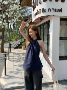NIHAOKANONG | Áo Blouse Cổ Halter Nơ Ren