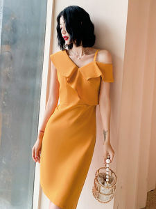 ชุดราตรีสั้นสีเหลืองสำหรับผู้หญิง ชุดราตรีสไตล์ฮิปซีสำหรับงานวันเกิดและงานปาร์ตี้ ชุดราตรีสไตล์เกาหลีสีพื้น