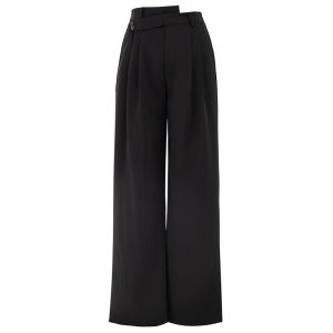 Asymmetric High Waist Pleated Wide Leg Pants Casual Black Floor-Length Suit Style Womens Design Spring Commute Fashion