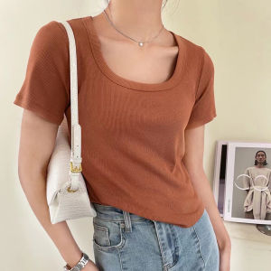 Square Collar Collarbone Knitting Short Sleeve T-Shirt Women Elastic Thread T-Shirt Amoi Pure Color Minimalist Sunken Stripe Slim-Fit Crop-Top