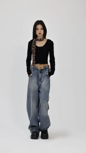 American street style womens high street trend loose straight-leg wide-leg casual denim trousers