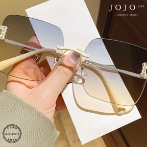 Fashionable Gradient Color Ocean Piece Sunglasses JOJOS L. PD. Square Frameless Sunnies Embedded with Diamonds for Women