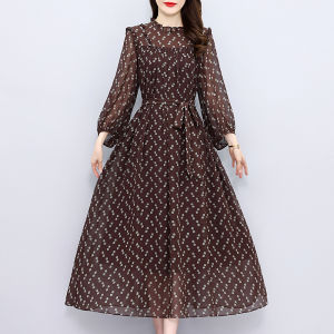 Impression Fashion Women Elegant Loose Cutting Chiffon Flower Ruffle Neck Long Lantern Sleeve Lace-up High Waist A-line Long Dress