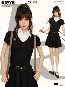 KBVVR | Sweet and Spicy Black Polo Fake Layer Summer School Style Mini Dress
