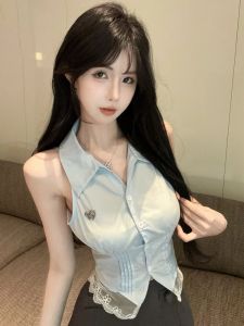 GUZILIAN | Unique Beautiful Blue Polo Neck Sleeveless Shirt Women Summer Pure Desire Spicy Fishbone Small Top College Style Fashion