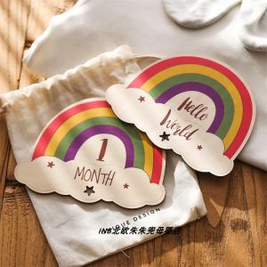Rainbow Milestone Baby Growth Memorial Wooden Plaque Newborn Photography Props Baby Full Month Celebration Decoration Accessories