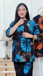 Setelan CP Maria Motif Jumputan Batik Sakura Pekalongan Baju Rayon Celana Panjang Kulot Piyama Wanita Tidur Bali