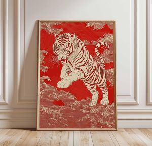Japanese Tiger Poster Vintage Wildlife Art Print Red Oriental Wall Art Traditional Woodblock Style Zen Nature Home Decor