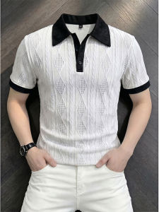 Mature Style Breathable Contrast Color Collar Hollow Out Polo T-shirt
