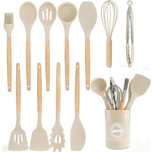 Wooden Handle Silicone Kitchen Utensils Set 14 Pieces Non-stick Cookware Tools with Storage Bucket Cooking Gadgets Organizer Set
