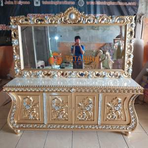 MEJA RIAS BIOLA GOLD CERMIN KAYU JATI FINISHING MEWAH PIGURA UKIR KACA BUFFET DEKORASI RUANG INTERIOR LUXURY MURAH TATANING FURNITURES JEPARA