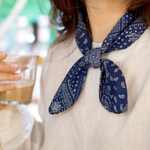 Blue Floral Print Silk Scarf Trendy Necktie Multi-purpose High-end Feeling Personality Hairband Bag Strap Japanese Style Accessories