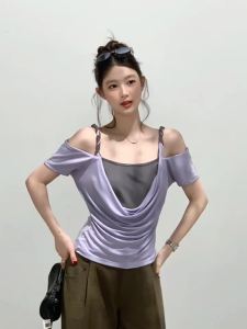 Áo Thun Nữ THROUS Tay Ngắn Hở Vai Dáng Ôm Kiểu Hai Mảnh