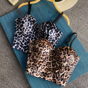 Summer Fashion Style Leopard Print Velvet Short Vest Camisole All-Matching Outer Wear Wild Tops Full Cup Fishbone Bra